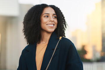 Poster - Happy, thinking and business woman in the city of Singapore for work in the morning. Vision, motivation and young girl with an idea, happiness and commitment during travel to a job with bokeh space