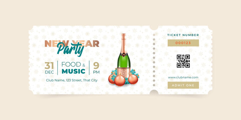 New Year Party ticket template. Illustration of a champagne bottle decorated with Christmas balls and fir tree branches on a white background with gold snowflakes. Vector 10 EPS.