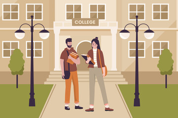 Wall Mural - Flat design of college students in university. Illustrations for websites, landing pages, mobile apps, posters and banners. Trendy flat vector illustration