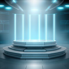 Poster - Power podium empty stage. Sci-fi idea concept. Circle portals, teleport, hologram gadget. Blank display, stage or magic portal, podium. 3D illustration