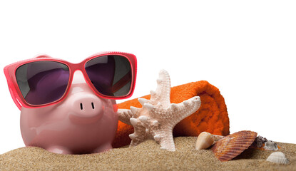 Wall Mural - Piggy Bank with Sunglasses, Towel and Seashells on Sand