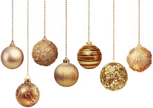 Seven Golden Decoration Christmas Balls Collection Hanging Isolated
