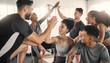 © N F/peopleimages.com - Fitness, high five and group at the gym in celebration of fitness goal, achievement and success. Sports, team building and motivation of athletic friends after intense training, workout or exercise.