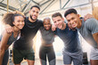 Men, women or diversity fitness team gym workout or training in heart health exercise, body wellness or muscle growth. Friends portrait, happy smile or sports people in community support group huddle