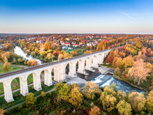 A Unique Autumn Aerial Shot Of A Rail Bridge (wiadukt Kolejowy) In Boleslawiec, Poland