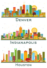 Fototapete - Indianapolis, Houston Texas and Denver Colorado USA City Skyline Set.