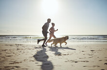 Couple, Beach And Running With Dog For Health, Wellness Or Exercise. Mock Up, Diversity And Man, Woman And Animal Outdoors On Sports Run, Exercising Or Workout Jog On Sandy Seashore Or Ocean Coast.