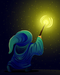 Wall Mural - A wizard with a magic wand in his hand lights the way.