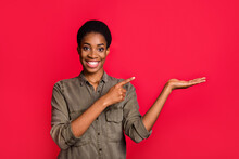 Portrait Of Attractive Cheerful Girl Holding On Palm Copy Blank Space Advert Isolated Over Bright Red Color Background