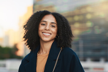 Sticker - Portrait, happy and city with a black woman in business standing outside during the day in an urban setting. Face, street and smile with a female employee outdoor in a town for success or development