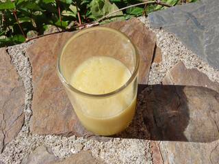 Poster - Jus de pommes frais sur une table de jardin