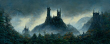 Scary Panorama Of The Medival Castle Church, Landscape At Night, Halloween