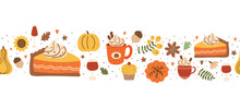 Fall Pumpkin Pie Slice And Pumpkin Spice Latte Seamless Horizontal Border Decorated Fall Leaves, Flowers, Acorns, Berry. Vector Autumn Season Repeat Frame Food. Cute Thanksgiving Day Illustration.