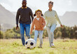 © S Fanti/peopleimages.com - Happy family, soccer ball and playing on the grass in nature for fun, bonding and active exercise in the outdoors. Mother, father and child enjoying quality family time together with ball on a field