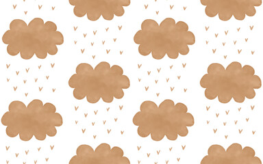 Wall Mural - hand drawn baby shower seamless vector pattern. irregular brown clouds and hearts on a white backgro