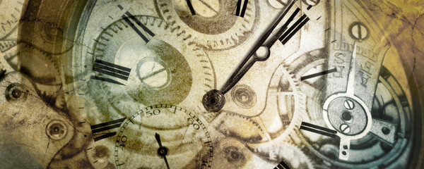 Photographic Collage of ancient timepiece  concept. Shallow focus and stone texture over clockpieces. Composite with images of same author.