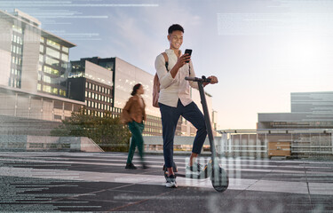 Hologram, man and phone for travel, futuristic communication and trendy technology for commute with scooter. Digital connection, male and search online for innovation and social media on smartphone.