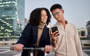 Poster - Couple, friends or students in city with phone travel for communication, networking or social media. Electric scooter, happy or black woman and man on smartphone for 5g network, contact us or app