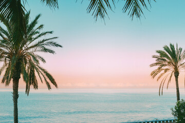 Palm tree leaves on sunset sky background and blue ocean water. Tropical travel and vacation concept photo in retro colors with space for text