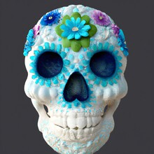Traditional Calavera, Sugar Skull Decorated With Flowers. The Day Of The Dead. 3D Illustration.