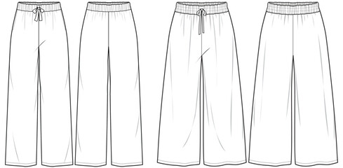 wide leg elastic waist drawstring pant flat sketch vector illustration pajama pants front and back technical cad drawing template