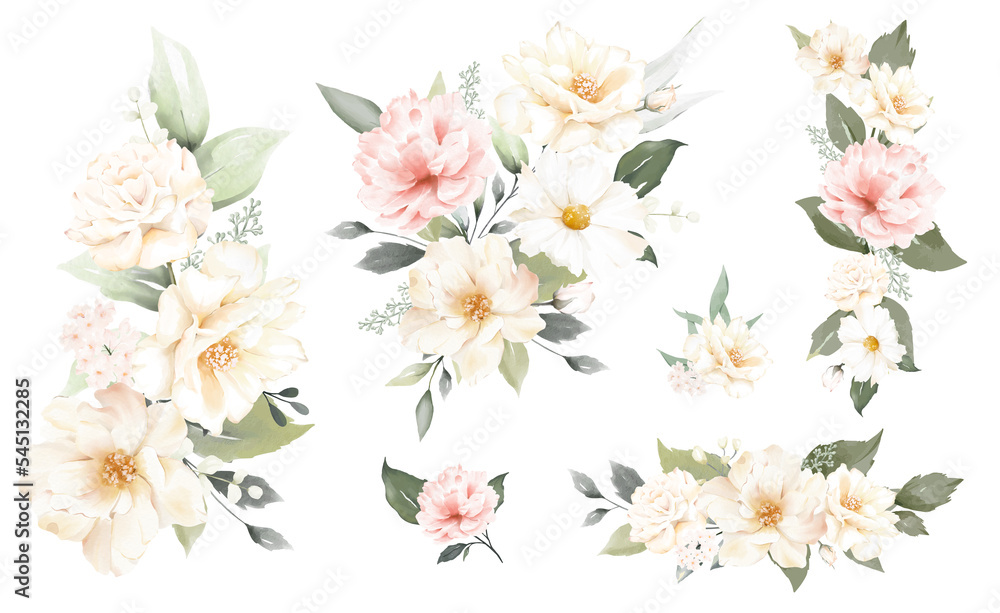 Set of white and pink rose watercolor flower with transparent ...