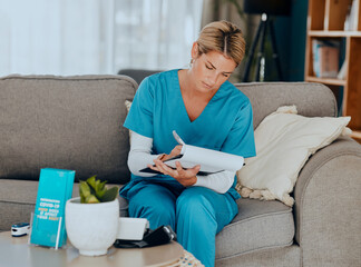 Medical, sofa and nurse writing notes in living room at home care with insurance paperwork. Professional, work and healthcare professional doing analysis on nursing results, documents or information.