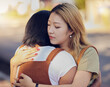 canvas print picture - Love, women and hug for connect, sad and support for understanding with problem, compassion and calm together. Asian woman, girl and embrace friend, loving and help to console in kind relationship