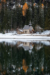 Aufkleber - Alpine Scenery With Chapel At Lago Di Braies Lake - Pragser Wildsee - South Tyrol, Italy