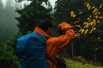 Wall Mural - a man with a camera photographs a dark forest with a large tourist backpack landscape tourism travel recreation hiking trekking creations beauty of nature autumn in the mountains poster postcard