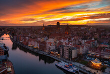 Beautiful Gdansk City Over The Motlawa River At Sunset. Poland