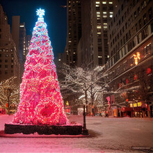 Christmas Tree At New York City Night With Pink Lights