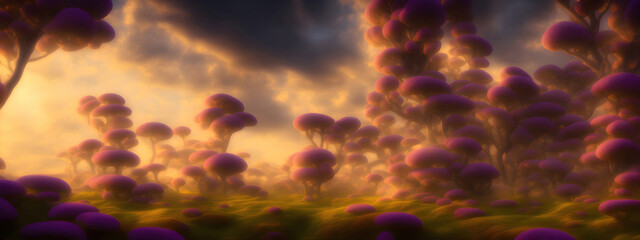 Magic mushroom forest landscape for holistic healing and alternative medicine relaxation 3D. Fantasy mystery fungus for relax background 8K