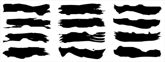 Wall Mural - Vector collection of artistic grungy black paint hand made creative brush stroke set isolated on banner background. A group of abstract grunge sketches for design education or graphic art decoration
