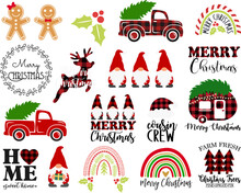 Christmas Svg Bundle - Old Vintage Truck, Merry Christmas Sign, Mistletoe, Buffalo Plaid Reindeer, Gingerbread, Rainbow. Christmas Gnomes Vector Isolated On White Background. Christmas Clipart