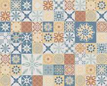 Spanish Azulejo Style Pastel Pattern, Blue Brown Beige Yellow Ceramic Tile Square For Design