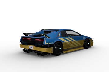 Wall Mural - Rear perspective view 3D rendering of a blue and yellow futuristic cyberpunk style car isolated on a transparent background.