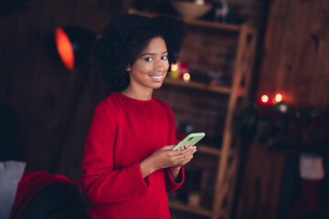 Poster - Photo of sweet lovely little girl hold use telephone typing write comfy festive atmosphere house indoors