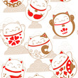 Seamless pattern with cats maneki neko, lucky charms. Vector illustration.