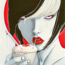  Painting Abstract Young Woman Eating An Ice Cream Shake, Generative AI Illustration
