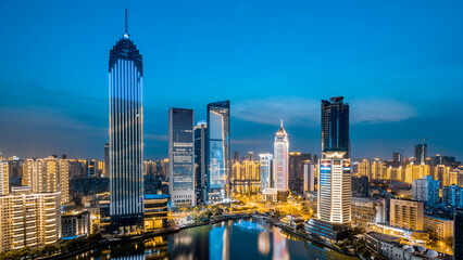  Night view of CBD buildings in Hankou Northwest Lake, Wuhan, Hubei, China