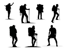 Hiker Silhouettes. Hiking Man With Rucksacks Silhouette. People With Backpack Vector Silhouettes. Mountaineer Climber Hiker People. Backpacker.