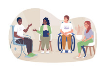 Support Group For Disabled Patients 2D Vector Isolated Illustration. Sharing Experience Flat Characters On Cartoon Background. Colourful Editable Scene For Mobile, Website, Presentation