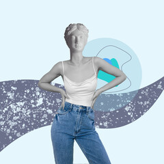 Young slim woman in white elegant top and blue jeans headed by antique female statue on abstract blue background. Trendy collage in magazine surreal style. Contemporary art. Modern design