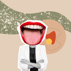 Canvas Print - Young happy business woman headed by wide open mouth shows tongue standing with her arms crossed isolated on abstract color background. Trendy collage in magazine style. Contemporary art.Modern design