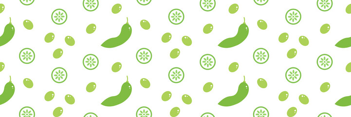  Wide horizontal vector seamless pattern background with edamame, green soy beans and cucumber slices for green salad, food design.

