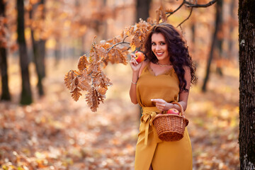 beautiful woman with long hair in the forest with a basket of apples during autumn