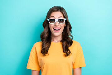 Sticker - Closeup photo of young pretty nice cute woman open mouth wear glasses shocked unexpected movie moment isolated on cyan color background