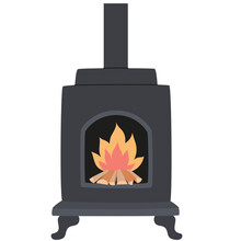 Iron Wood Burning Stove With Firewood And Fire. Vector Flat Old Vintage Fireplace