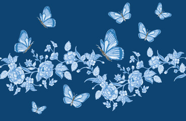 Aufkleber - watercolor seamless floral border. blue flowers with butterflies